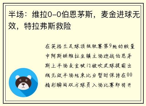 半场：维拉0-0伯恩茅斯，麦金进球无效，特拉弗斯救险