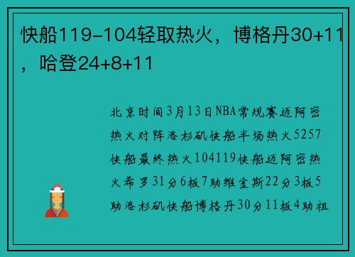 快船119-104轻取热火，博格丹30+11，哈登24+8+11
