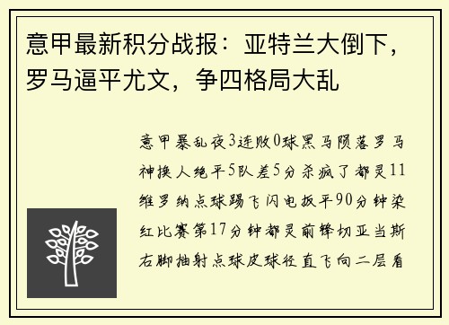 意甲最新积分战报：亚特兰大倒下，罗马逼平尤文，争四格局大乱