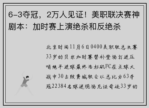 6-3夺冠，2万人见证！美职联决赛神剧本：加时赛上演绝杀和反绝杀